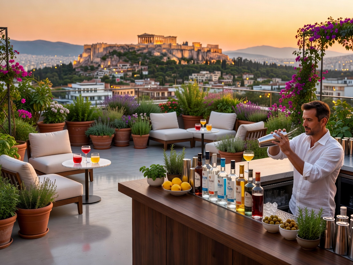 Open air Greek rooftop terrace garden lounge with ambient evening lighting and cocktails