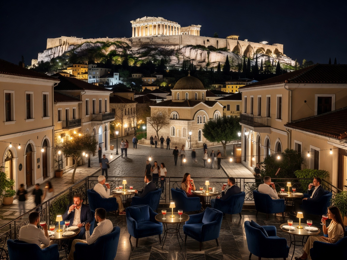 A for Athens rooftop terrace cocktail lounge looking across Monastiraki square to the illuminated Parthenon