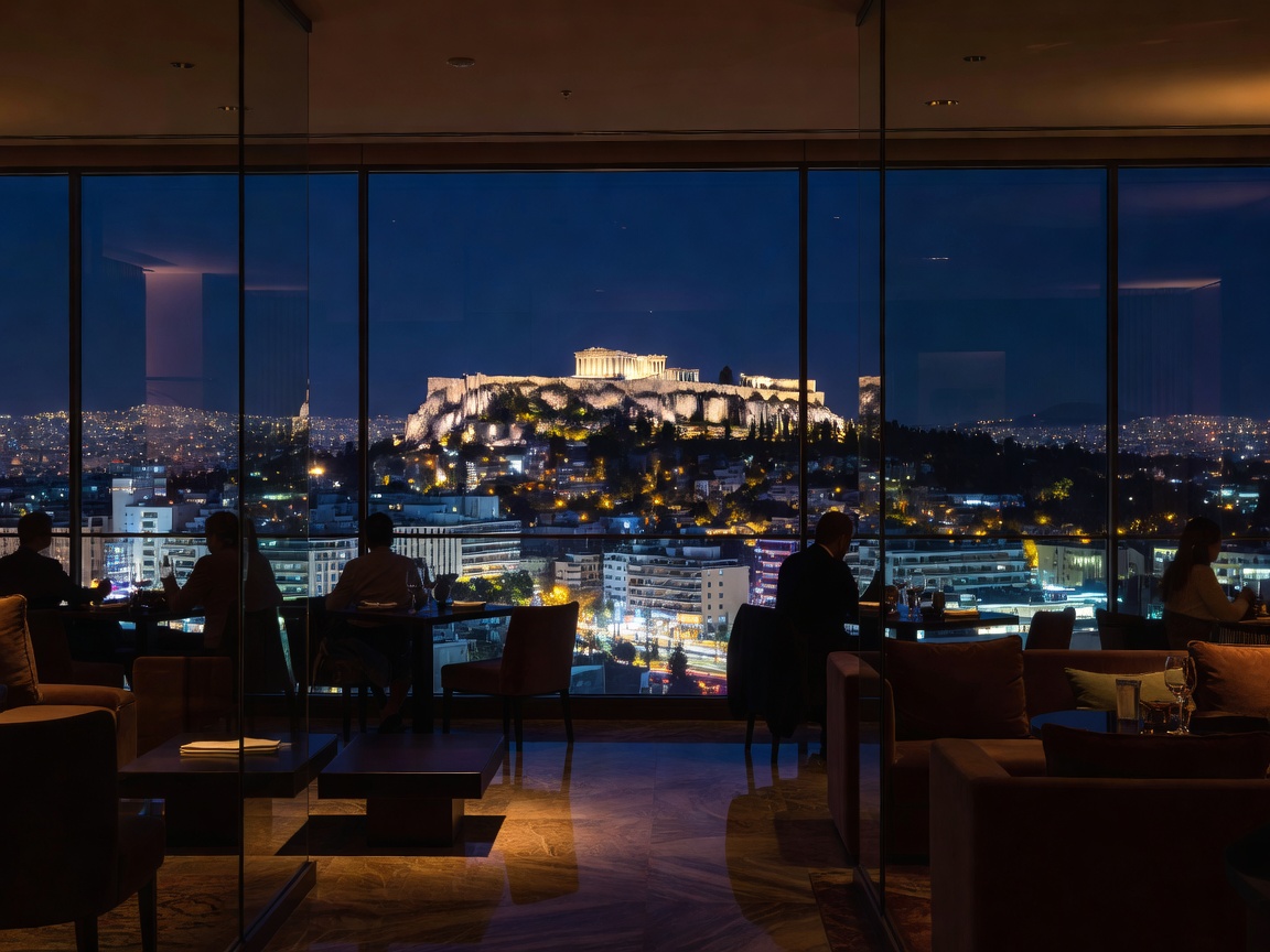 Galaxy Restaurant and Bar Athens Hilton skyline night view