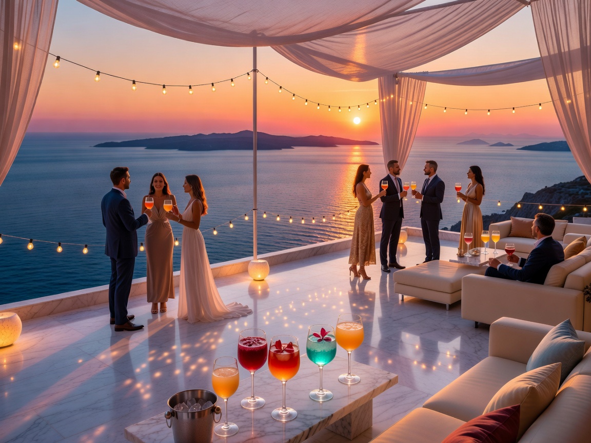 Santorini Caldera cliffside cocktail celebration looking out over the sunset horizon